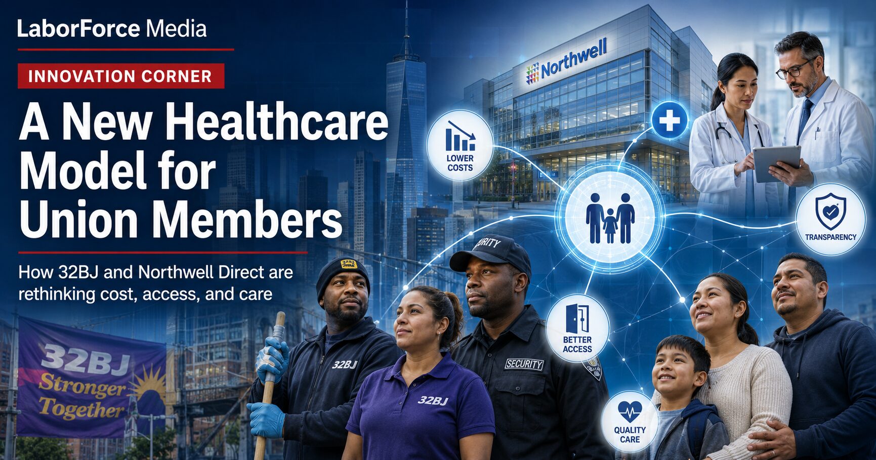 Union members with healthcare team near hospital