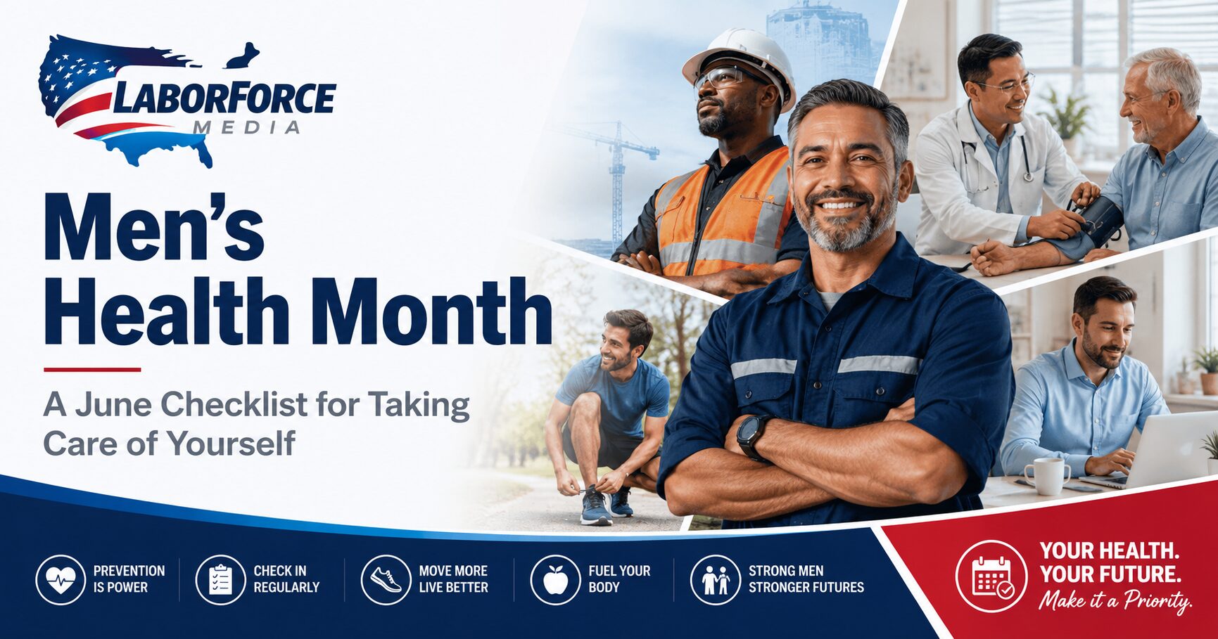 Men's Health Month banner featuring diverse working men
