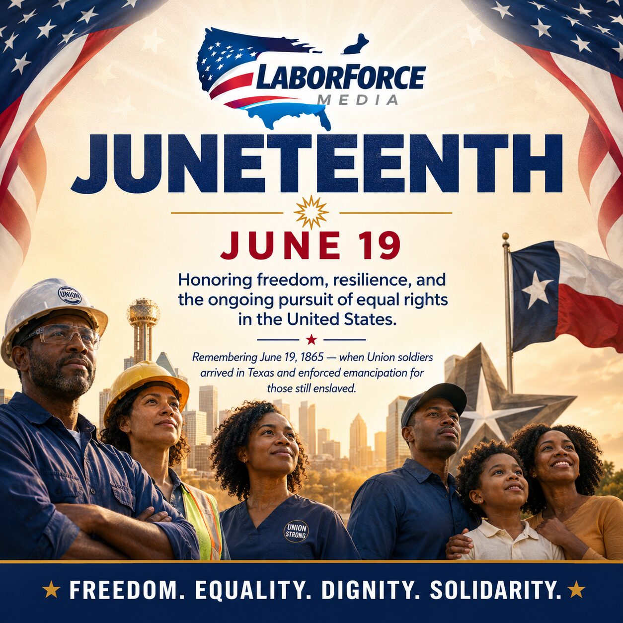 Juneteenth poster with diverse workers and flags