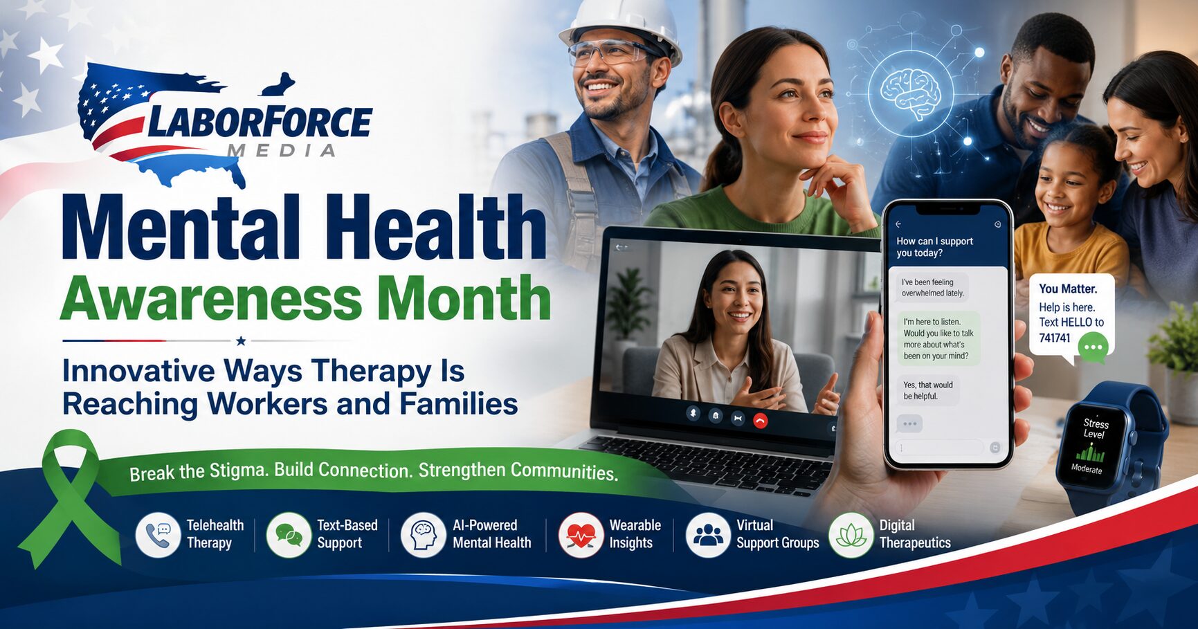 Mental Health Awareness Month banner with diverse workers