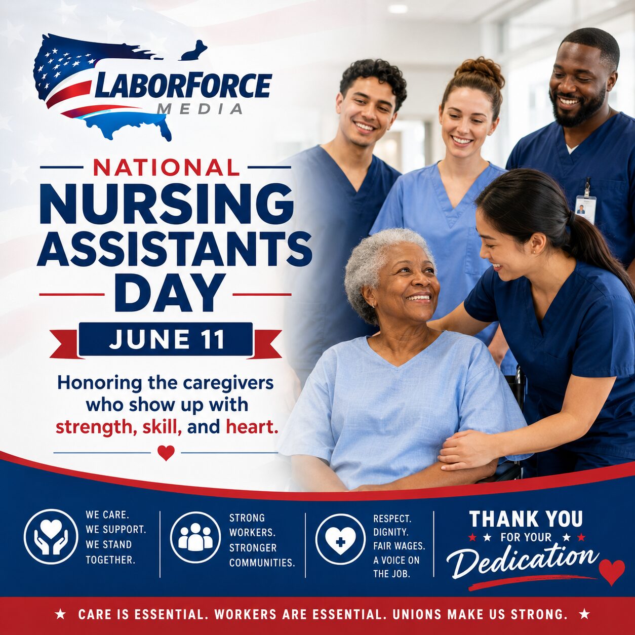 Nursing assistants smiling with elderly patient