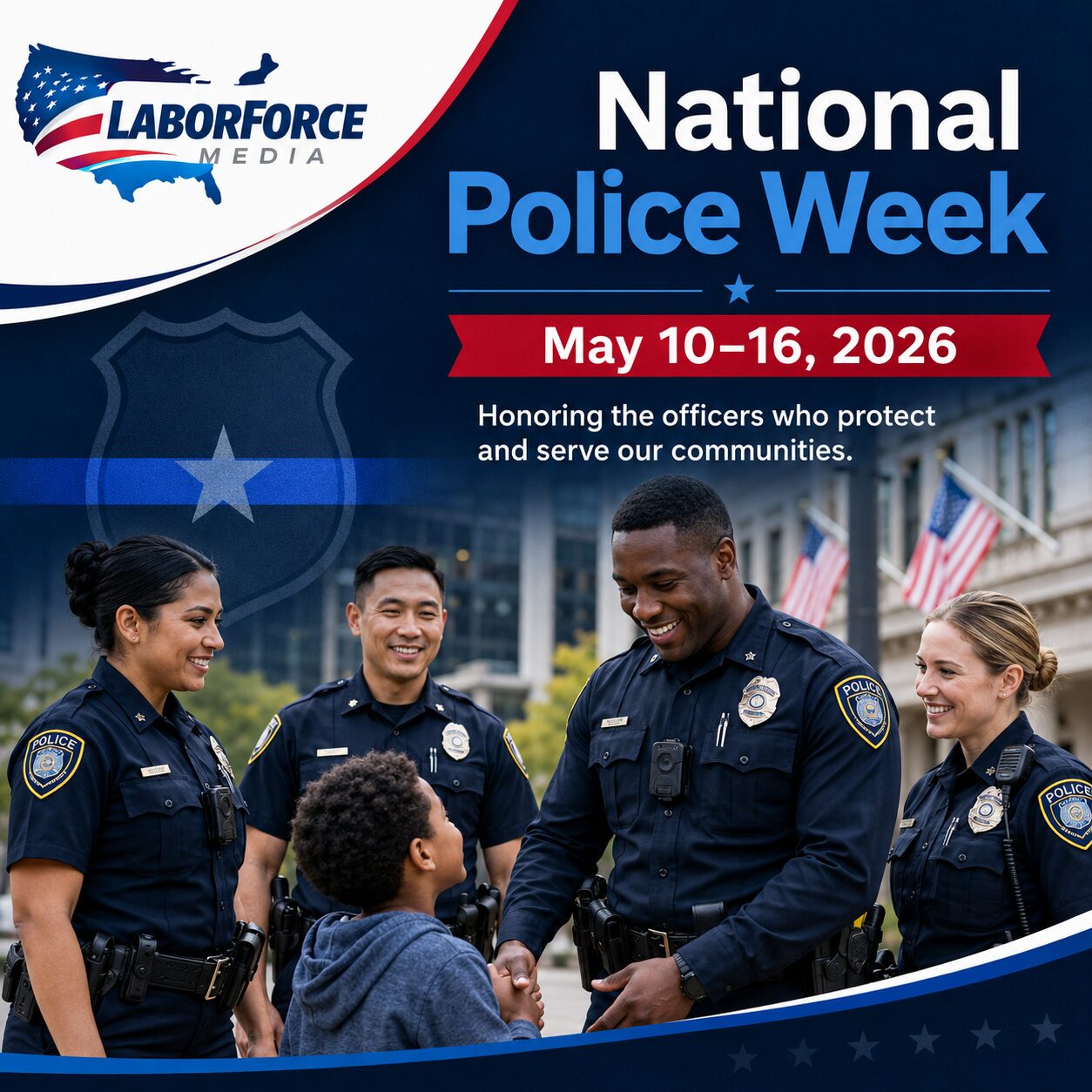 Police officers interacting with child, National Police Week